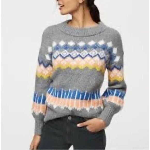 LOFT Fair Isle Sweater Womens Medium Balloon Sleeve Gray Mohair Soft Pullover - Picture 1 of 8